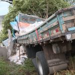 Caminhão de material de construção civil colide em árvore e bate em muro, no km 188, na RJ 106, em Cabiúnas, Macaé – Reprodução/TV Record 